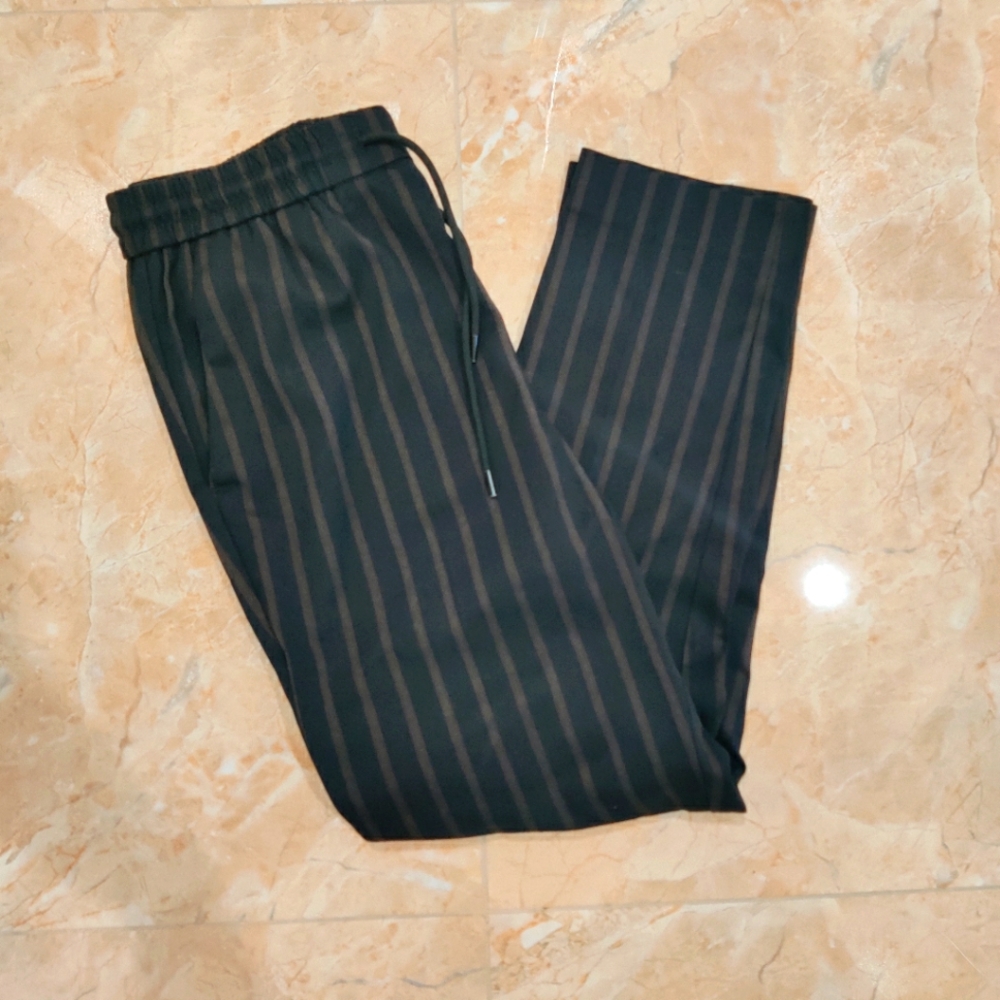 Pinstripe Black Smart Dress Trousers Jogger Pant with Drawstring
